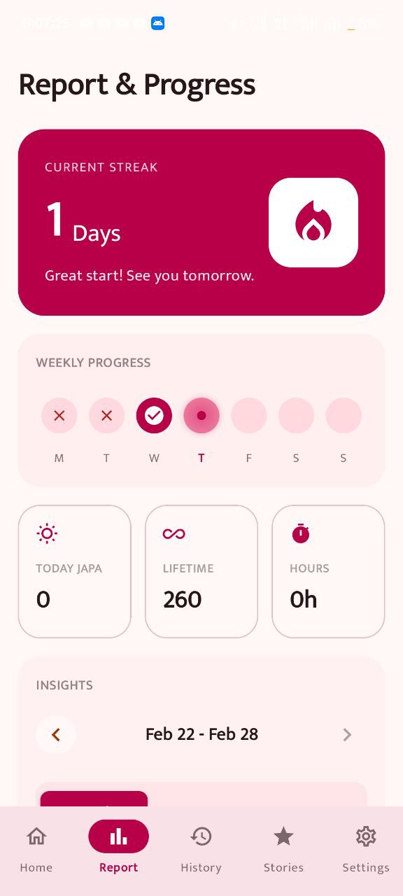 Report screen showing current streak, weekly progress dot tracker, lifetime japa, and hours