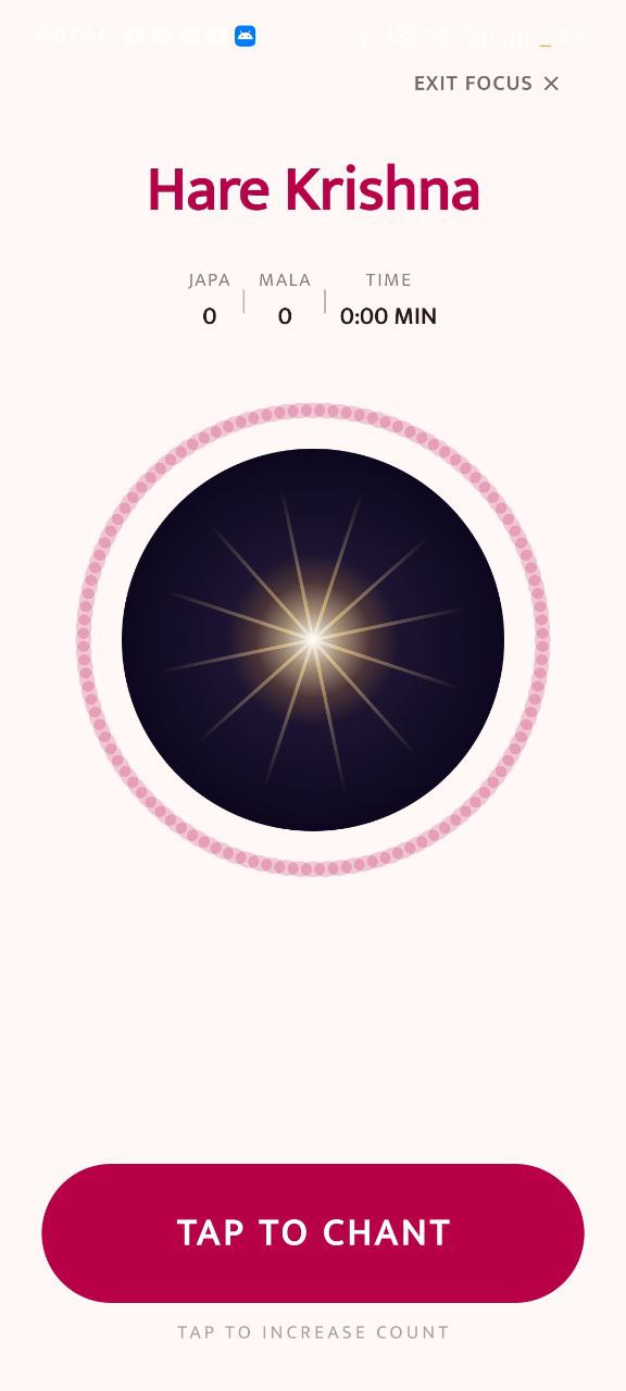 Focus mode screen showing Hare Krishna chanting with mala ring