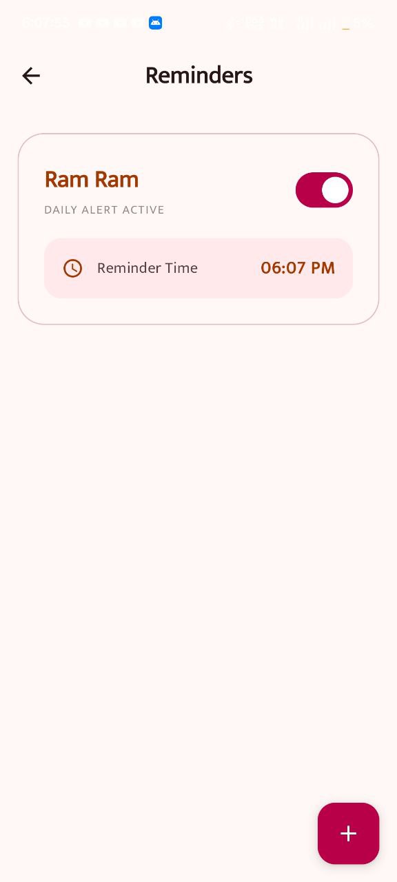 Reminders screen showing Ram Ram daily alert with toggle and time setting
